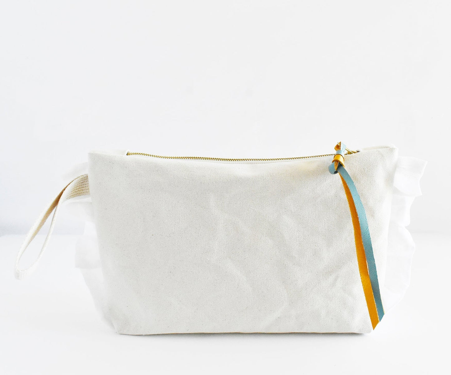 Cotton Zipper Pouch- Mustard & Turquoise Leather Pull