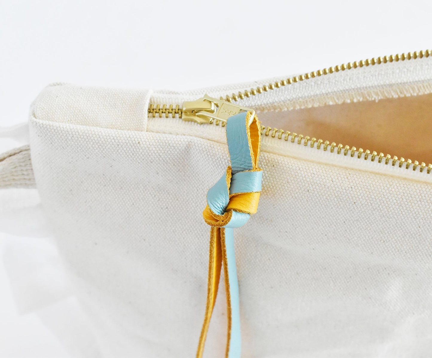 Cotton Zipper Pouch- Mustard & Turquoise Leather Pull