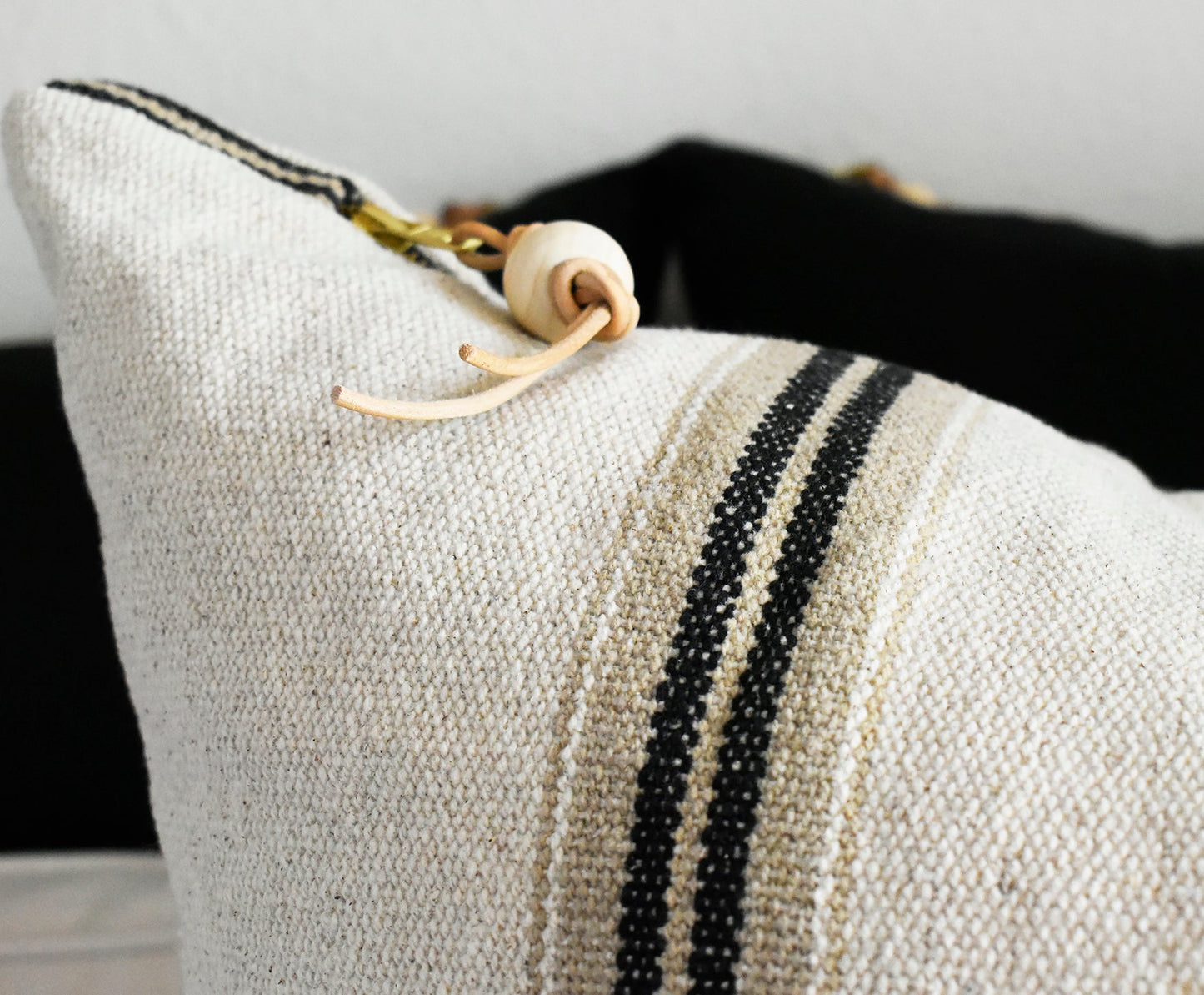 French Cotton Pillow with Black Stripes