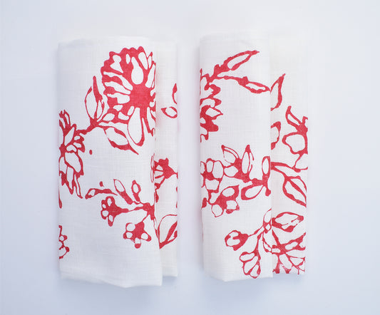 Handprinted Red & White Floral Napkin- Set of 2