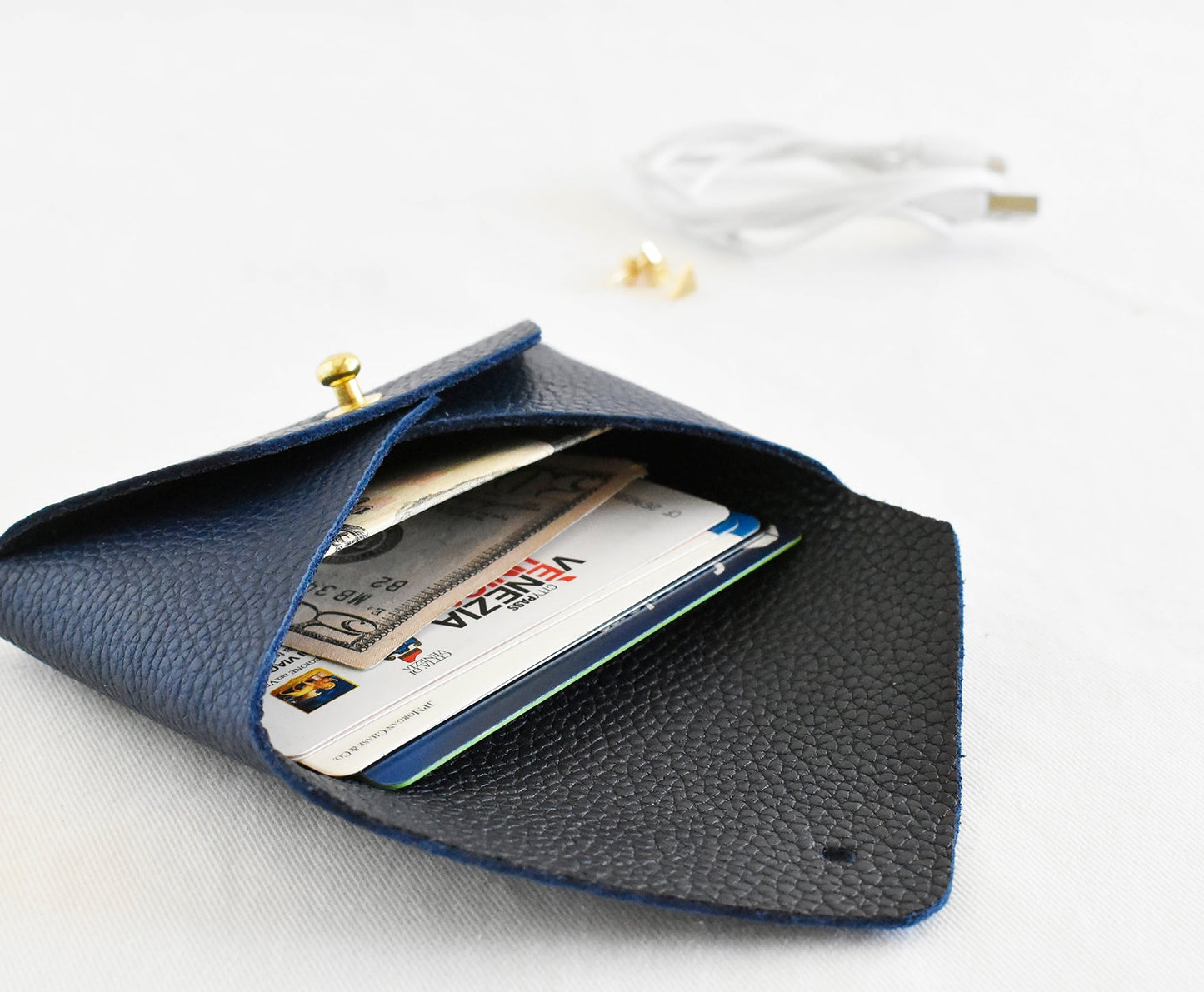 Leather Card Holder- Navy & Black Inside