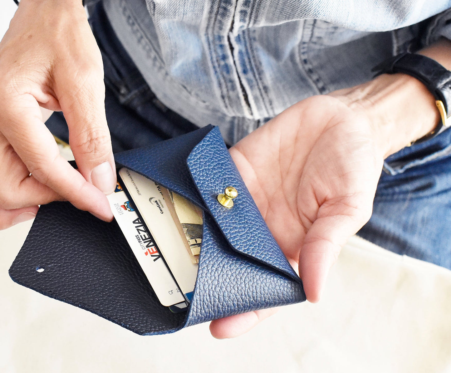 Leather Card Holder- Navy & Black Inside