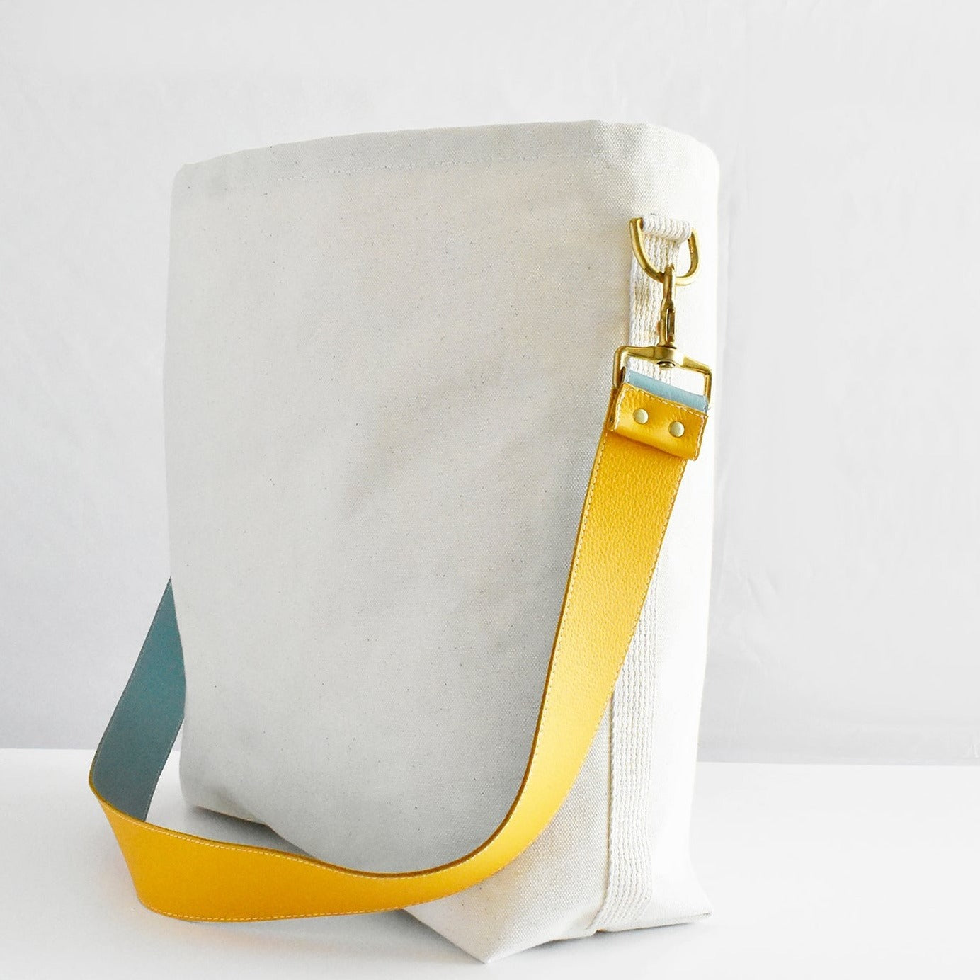 Tote Bag with Leather Strap- Mustard & Turquoise