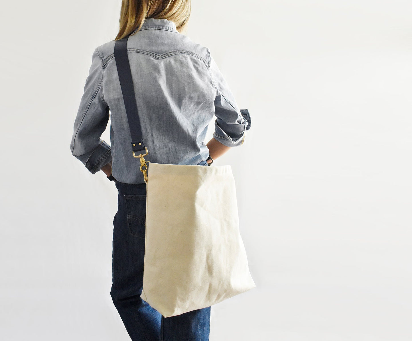 Tote Bag with Leather Strap- Navy & Black