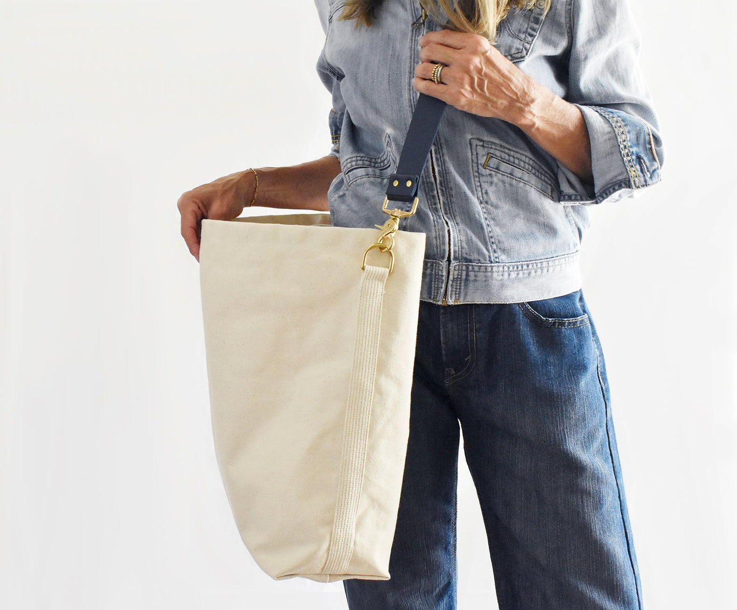 Tote Bag with Leather Strap- Navy & Black