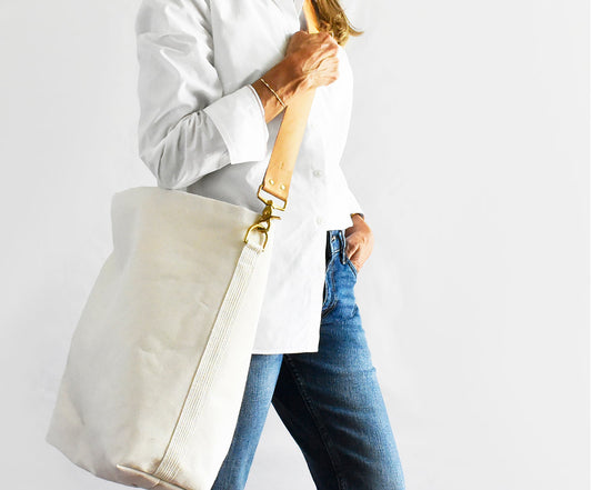 Tote Bag with Leather Strap - Tan